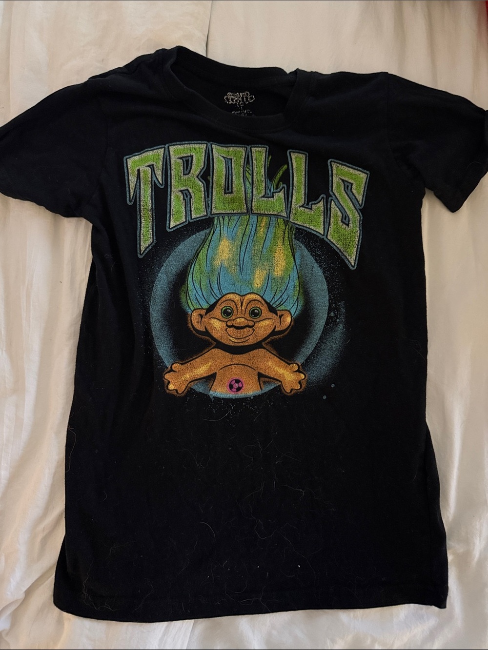 Trolls Graphic Tee - size small Black with Green & Blue Print